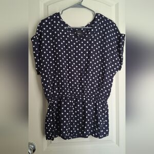 R.q.t. Rayon Polka Dot Navy Blue Top Sz M Retro Flowy Classic Summer Basic